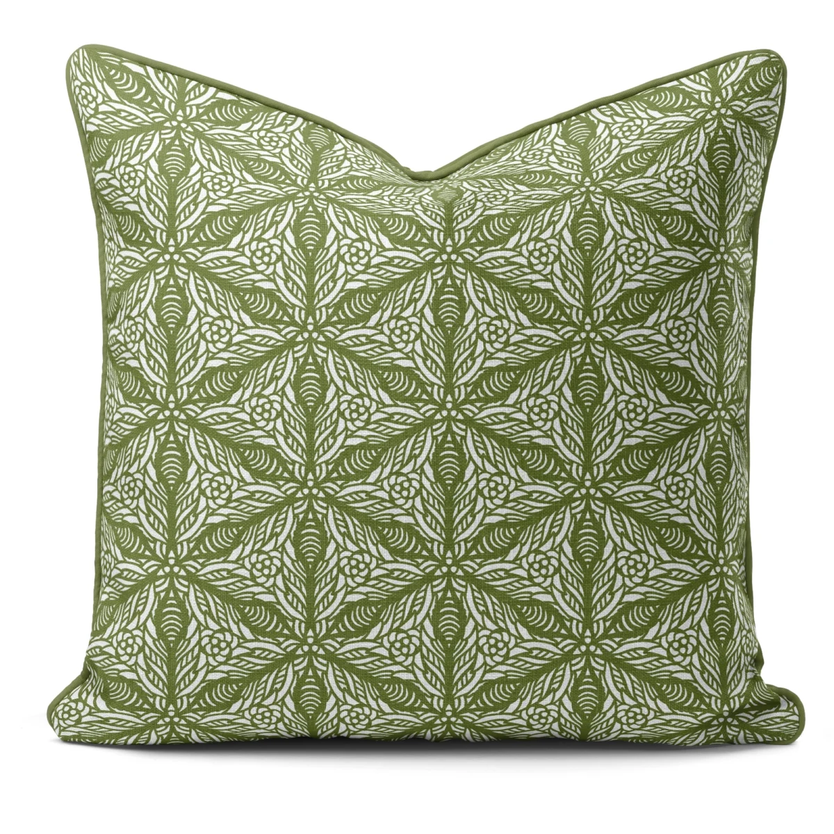 Hand-printed sage green persian lily cushion, organic fabric