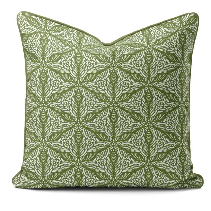 Hand-printed sage green persian lily cushion, organic fabric
