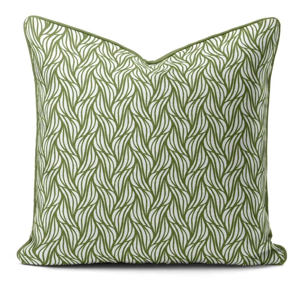 Hand-printed sage green rustling willow cushion, organic fabric