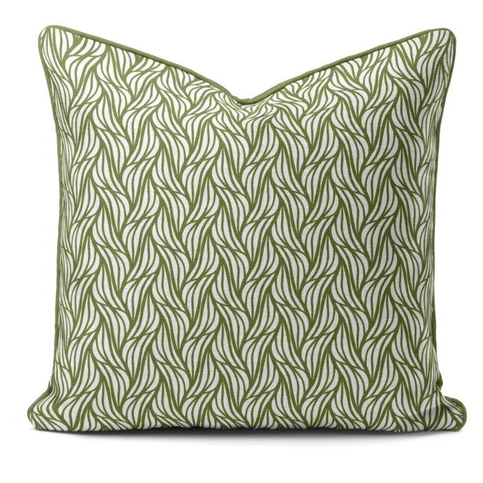 Hand-printed sage green rustling willow cushion, organic fabric