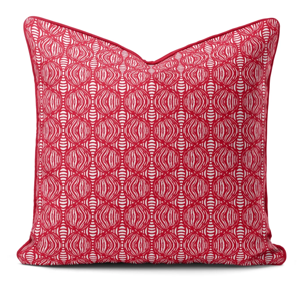 Hand-printed red shimmering pearls cushion, organic fabric