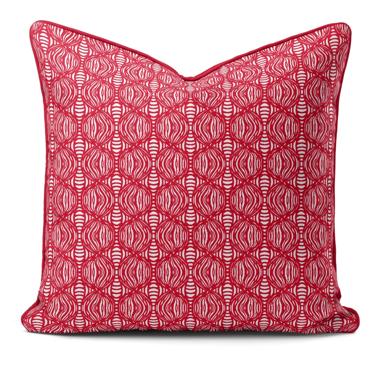 Hand-printed red shimmering pearls cushion, organic fabric