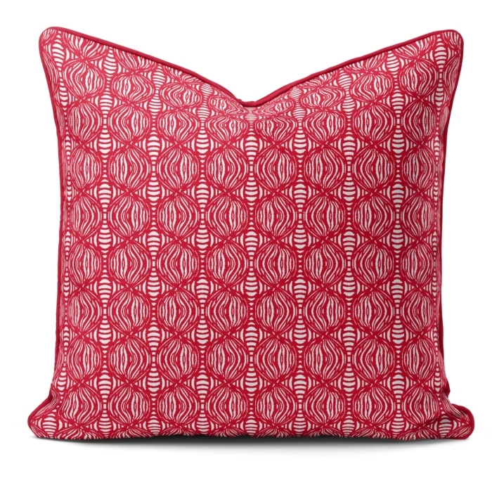 Hand-printed red shimmering pearls cushion, organic fabric