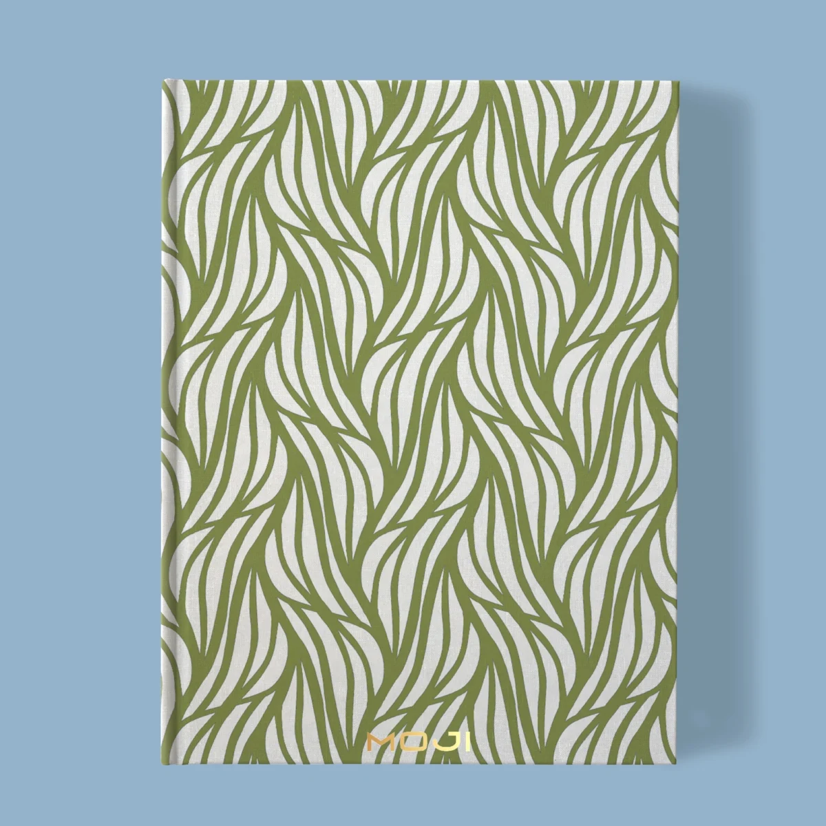 Hand-printed sage green rustling willow leaves notebook, organic fabric