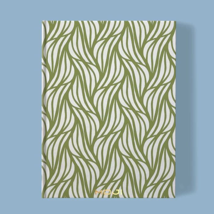 Hand-printed sage green rustling willow leaves notebook, organic fabric