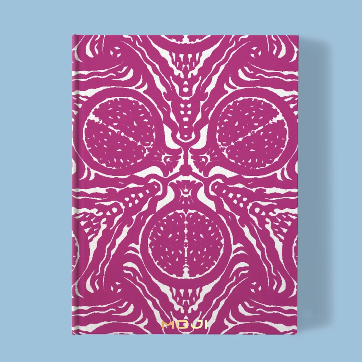 Hand-printed cerise pomegranate notebook, organic fabric
