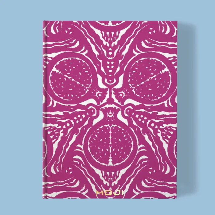Hand-printed cerise pomegranate notebook, organic fabric