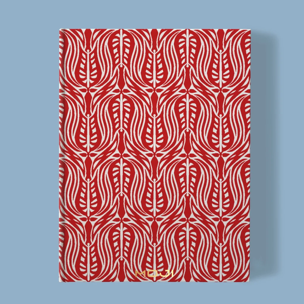 Hand-printed red wild tulip notebook, organic fabric