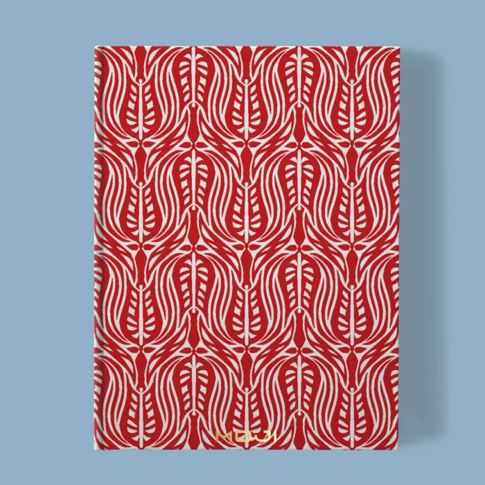 Hand-printed red wild tulip notebook, organic fabric