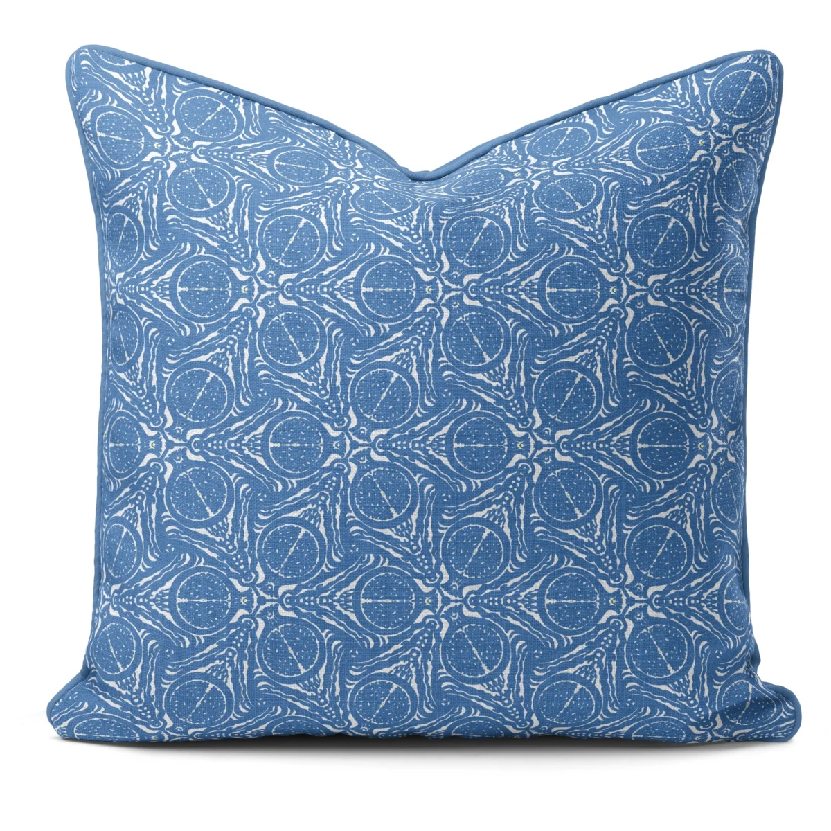 Hand-printed blue pomegranate cushion, organic fabric