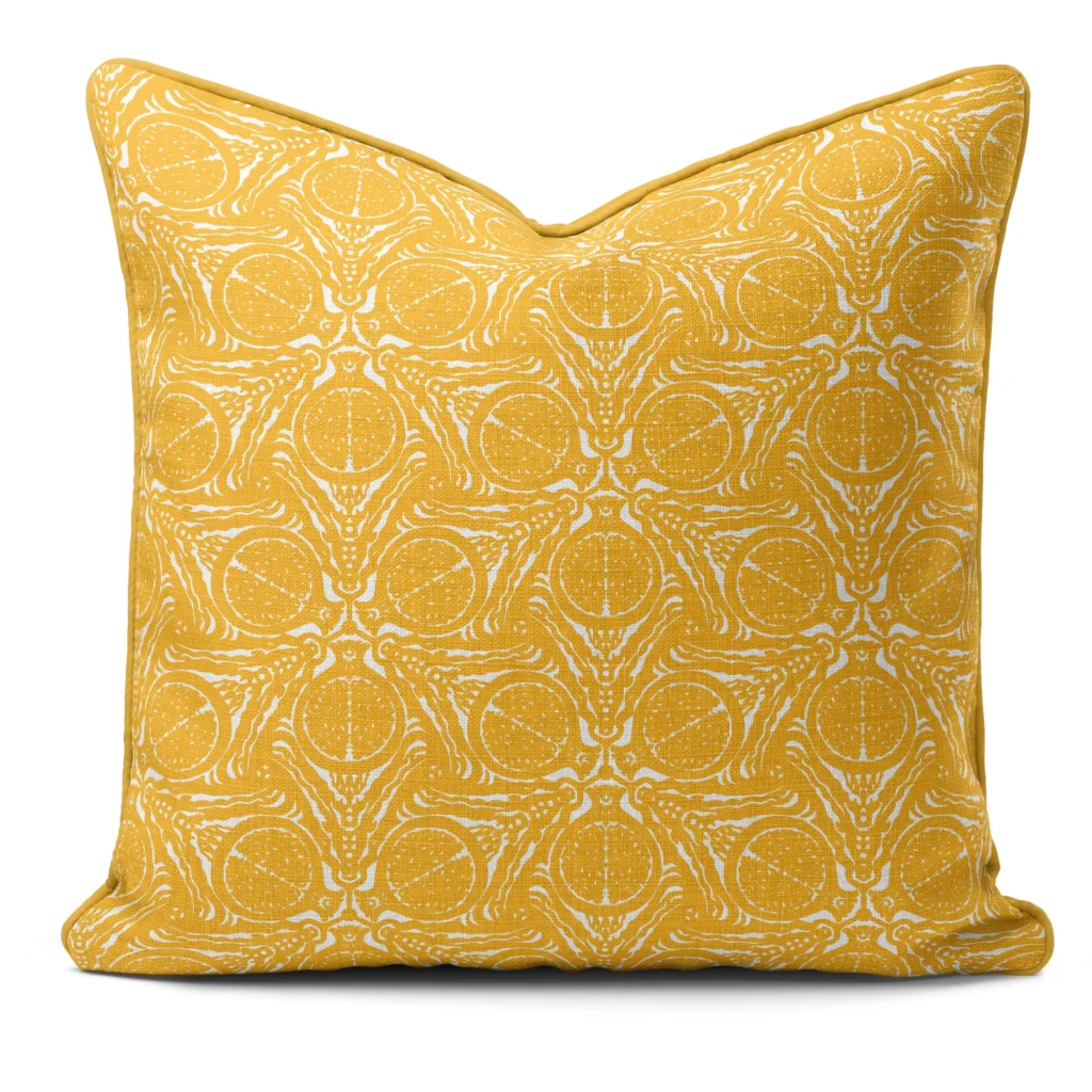 Hand-printed yellow pomegranate cushion, organic fabric