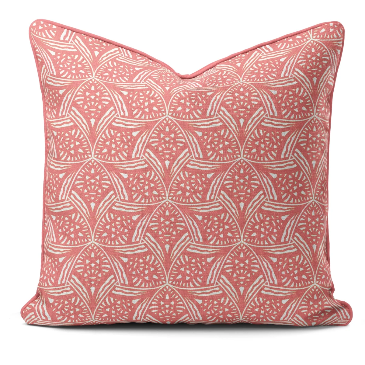 Hand-printed coral evening lavendar cushion, organic fabric