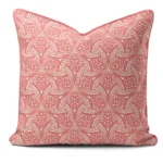 Hand-printed coral evening lavendar cushion, organic fabric