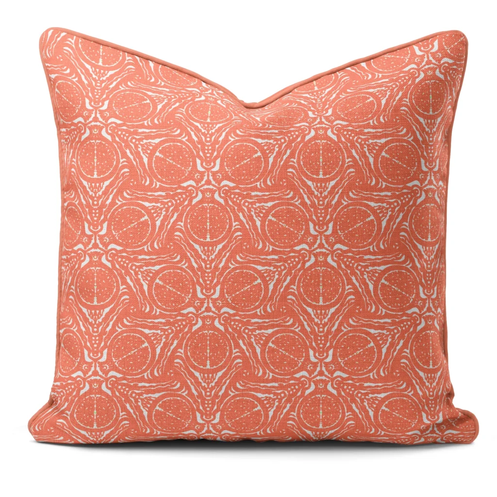 Hand-printed coral pomegranate cushion, organic fabric