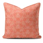 Hand-printed coral pomegranate cushion, organic fabric