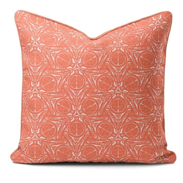 Hand-printed coral pomegranate cushion, organic fabric
