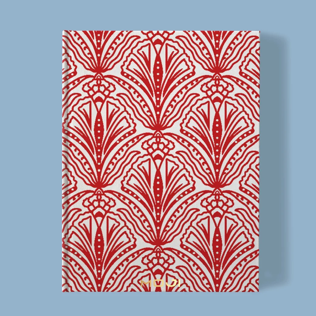 Hand-printed red shiraz bloom notebook, organic fabric